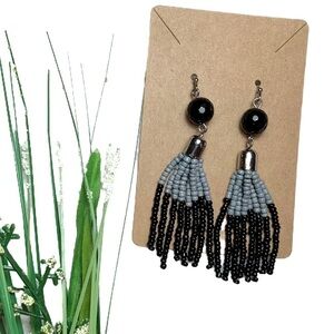 Boho Black Gray Silver Tone Tassel Fringe Earring